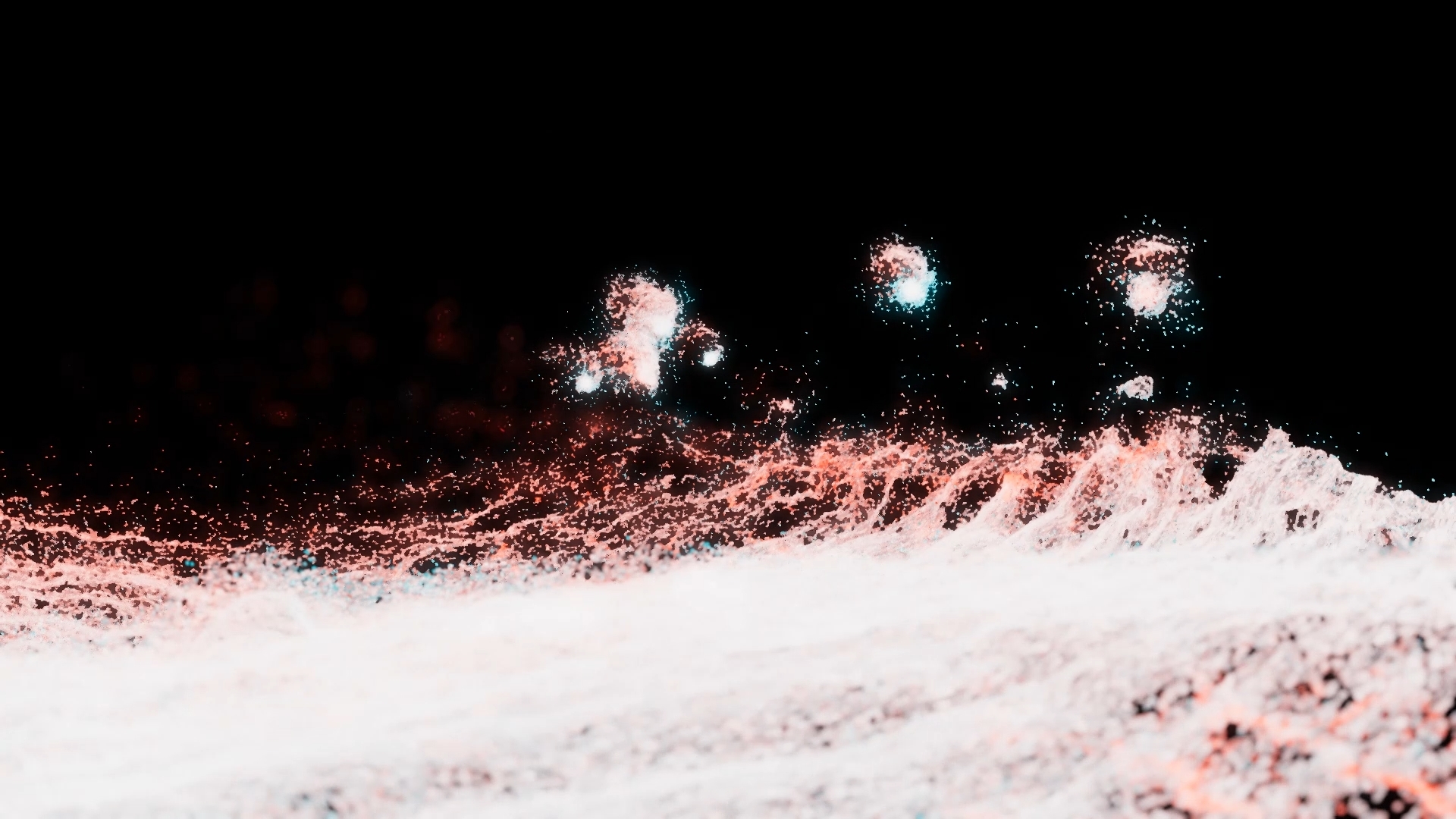 Computer-generated image of a collection of pink an teal particles forming 3 floating spheres and a sloped surface under them, in a dark void.